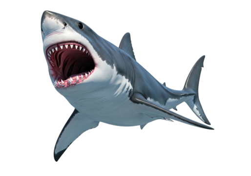A menacing great white shark with its mouth wide open, revealing sharp teeth, isolated on transparent background