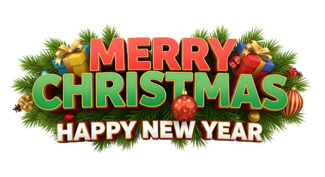 Merry christmas happy new year festive greeting text isolated on transparent background