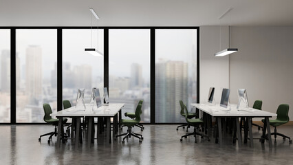 Modern white open space office interior with city scape 3d render
