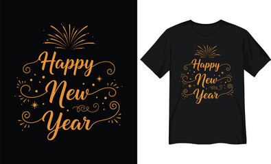 Elegant Happy New Year Typography Design with Fireworks and Decorative Elements