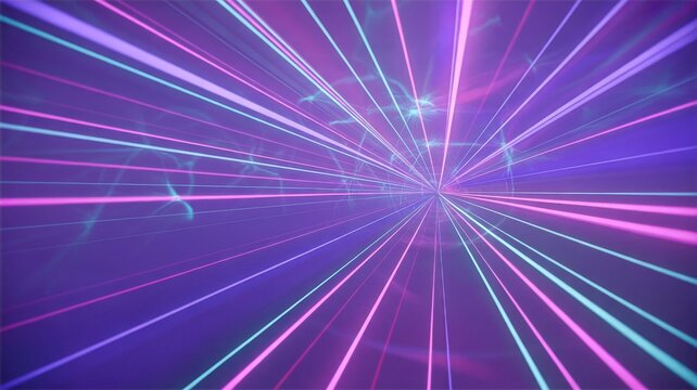 Laser abstract background with pink and cyan laser beams radiating outward creating starburst light patterns and particle trails on deep purple cosmic backdrop