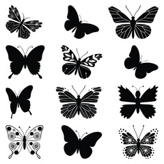 Butterfly Silhouette Vector Set. Black and White Line Art Clipart Collection.