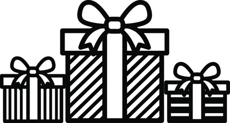 Black and white vector illustration of three wrapped gift boxes with bows, perfect for festive, holiday, celebration, and seasonal design themes.