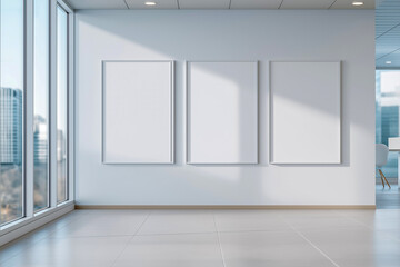 Obraz premium 大きな窓から自然光が差し込むクリニックの壁に掲示された3枚のA3ポスター。清潔感と安心感を表現する空間デザイン。
