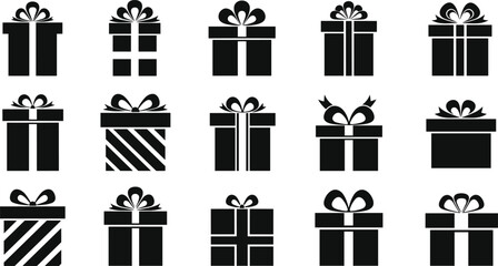 Black gift box icon set with diverse ribbon styles, festive bows, holiday packaging symbols for celebration, decoration, and seasonal design themes