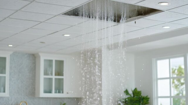 Water streams heavily from a large square opening in a tiled ceiling, indicating a significant home leak or burst pipe.