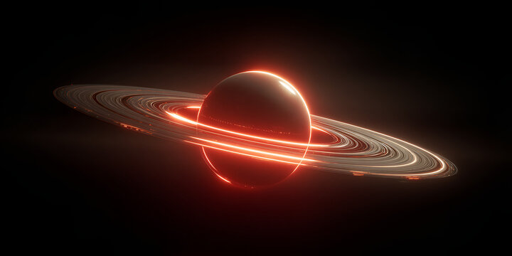 Futuristic glowing red planet with luminous rings in deep space on dark background