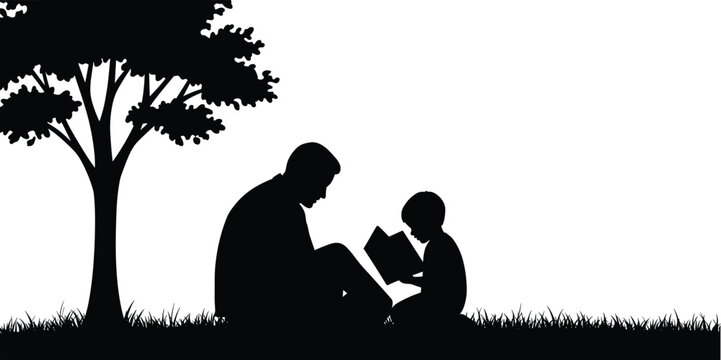 Father and son reading book under tree silhouette scene representing family bonding education outdoor learning nature parenting love concept vector illustration