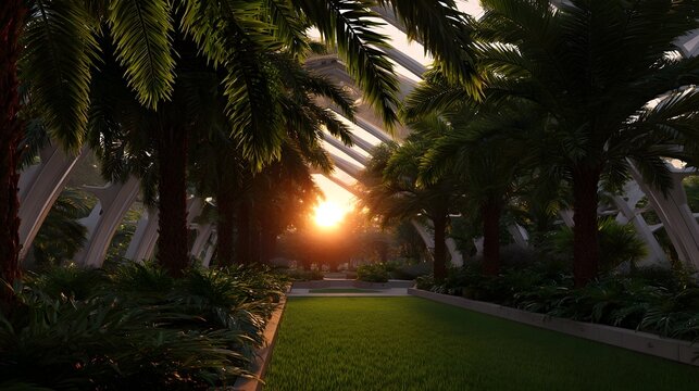 A serene tropical garden inside a modern greenhouse bathed in the warm glow of a setting sun