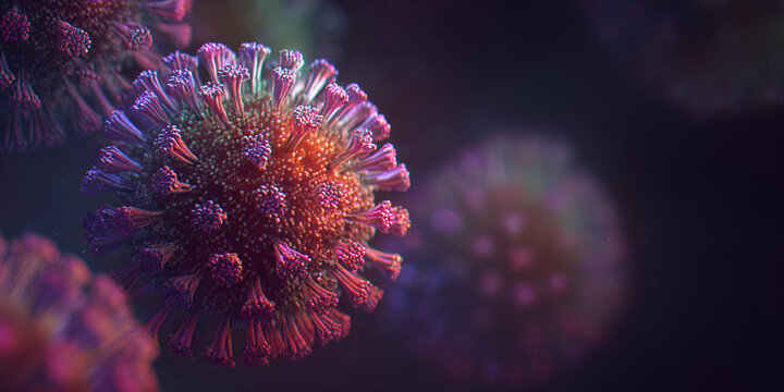 Highly detailed 3D illustration of coronavirus particle with vibrant purple and red lighting

