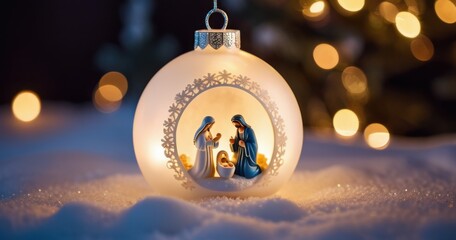 nativity scene ornament on snow with bokeh, concept of christmas, holiday marketing, banner