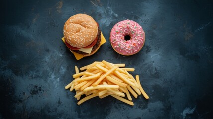 Junk Food. bad foods greasy burger, fries, sugary donut arranged like a sad face or in a chaotic, messy way on a dark, moody background. Concept of unhealthy eating and diet problems