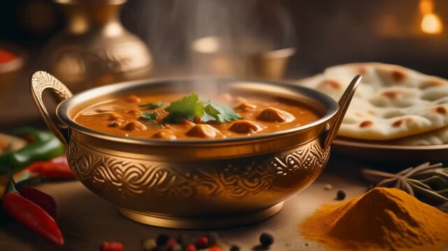 Delicious Butter Chicken Curry in a Golden Bowl with Naan Bread on the Side