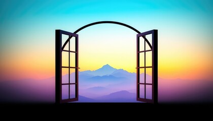 Open Window Frame Presenting a Vibrant, Colorful Mountainous Vista, Encouraging Exploration and New Perspectives
