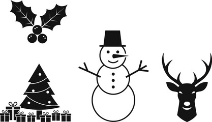 Christmas vector set with holly, snowman, reindeer, tree and gifts – festive holiday silhouette icons for seasonal design projects