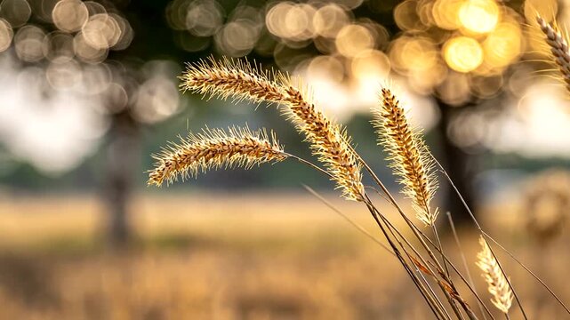 Golden ears of grain glow in soft sunset light, with warm bokeh background