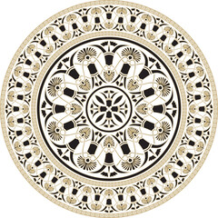 Vector gold with black classic Greek round ornament. Circle of Ancient Greece and the Roman Empire. Byzantine painting of walls, floors and ceilings. Decoration of European palaces.