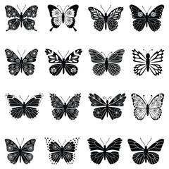 Butterfly Silhouette Vector Set. Black and White Line Art Clipart Collection.