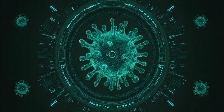 Futuristic teal virus in digital analysis view