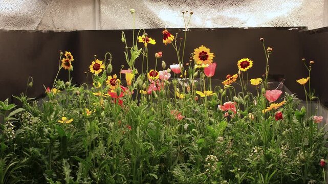 Time lapse of blooming variety of wild flowers while growing in light tend under controlled grow light