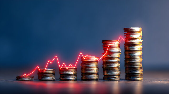 Dynamic financial growth visualized with rising stacks of gold coins and a vibrant red ascending graph line against a deep blue backdrop