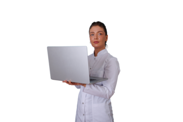 Woman doctor or scientist in a lab coat holding a silver laptop, looking at camera. Transparent background for versatile use