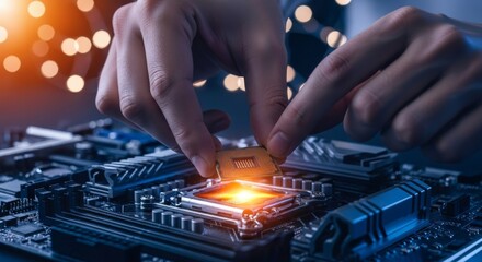Naklejka premium Engineer Hanf Installing CPU on Motherboard, Futuristic Technology, Innovation, and Computer Hardware Close-Up with Glowing Orange Circuit Lights