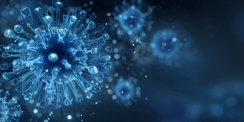 Floating blue virus particles under microscope