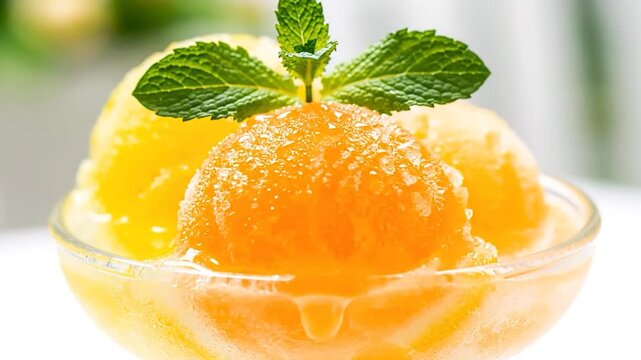A refreshing dessert with vibrant orange and yellow sorbet scoops, garnished with fresh mint
