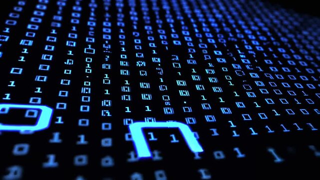 Blue glowing binary code grid on dark screen, representing digital data