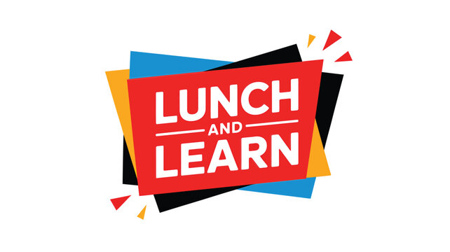 Lunch and learn event graphic with bold red and blue design