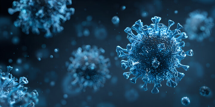 Floating blue virus particles under microscope