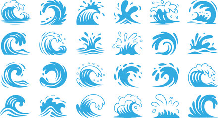 Collection of 25 blue wave icons and symbols representing various ocean and water movements, isolated on transparent background
