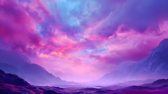Vivid magenta and violet clouds illuminate a dramatic alien mountain range landscape