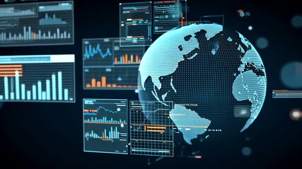 Futuristic digital globe with data graphs and charts in a dark setting - Powered by Adobe