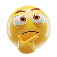Yellow thinking emoji with a hand on its chin, looking thoughtful and confused, isolated on transparent background