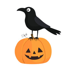 Obraz premium Creepy black crow perched on carved pumpkin with smiling face, perfect for spooky Halloween decoration and festive autumn themes