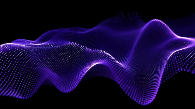 Vibrant purple dots form undulating abstract digital waves on a black background