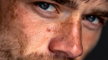 Obraz premium Man close up showing skin issues and intense gaze