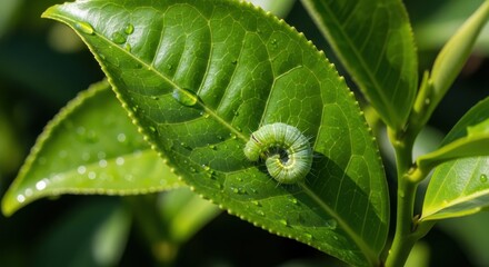 Green caterpillar resting on a vibrant tea leaf, showcasing natural beauty and insect life in close-up
