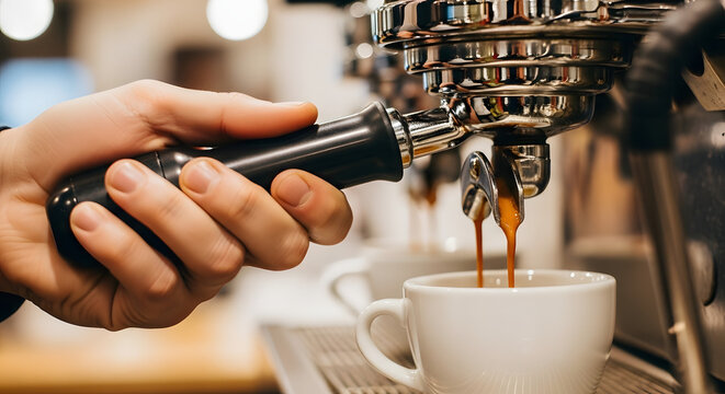 A barista preparing an espresso in a professional machine, focusing on the process and cup filling, Close-up of a hand operating an espresso machine while brewing coffee into a white cup - Powered by Adobe