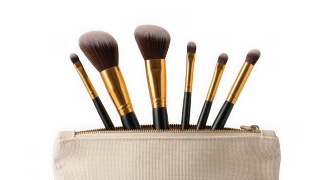 Makeup brushes in a beige pouch for beauty and cosmetology