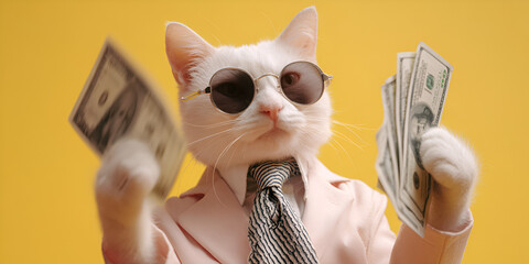 White cat throwing money in style