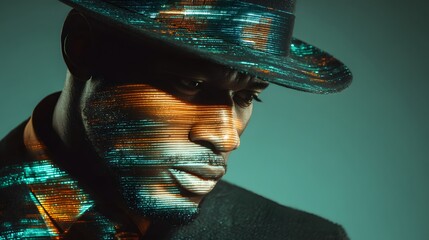 Dark skinned man wearing a fedora is illuminated with futuristic digital light patterns