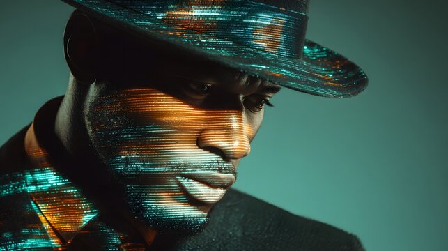 Dark skinned man wearing a fedora is illuminated with futuristic digital light patterns