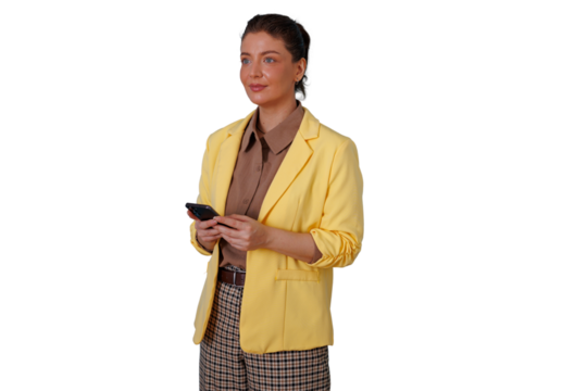Businesswoman standing, holding smartphone and texting, communicating online, using app for corporate networking, transparent background