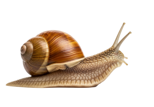 A garden snail slowly crawling on a white surface, isolated on transparent background