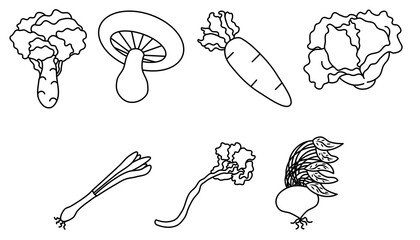 Vegetable line art set, black and white outline of broccoli, mushroom, carrot, Cabbage, celery, leek, and beetroot. Minimalist healthy food illustration for coloring, design, print, kitchen decor