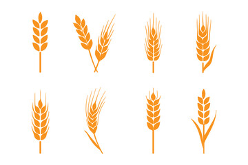 Naklejka premium set of wheat ears, Wheat Ears Silhouette Set, A collection of eight black vector icons depicting various styles of wheat and rye ears with stalks, wheat icon, Grey Cereals icon set with rice, wheat.