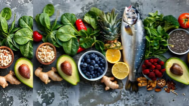 Colorful arrangement of fresh fish, fruits, and vegetables showcases healthy ingredients ideal for nutritious meal preparation